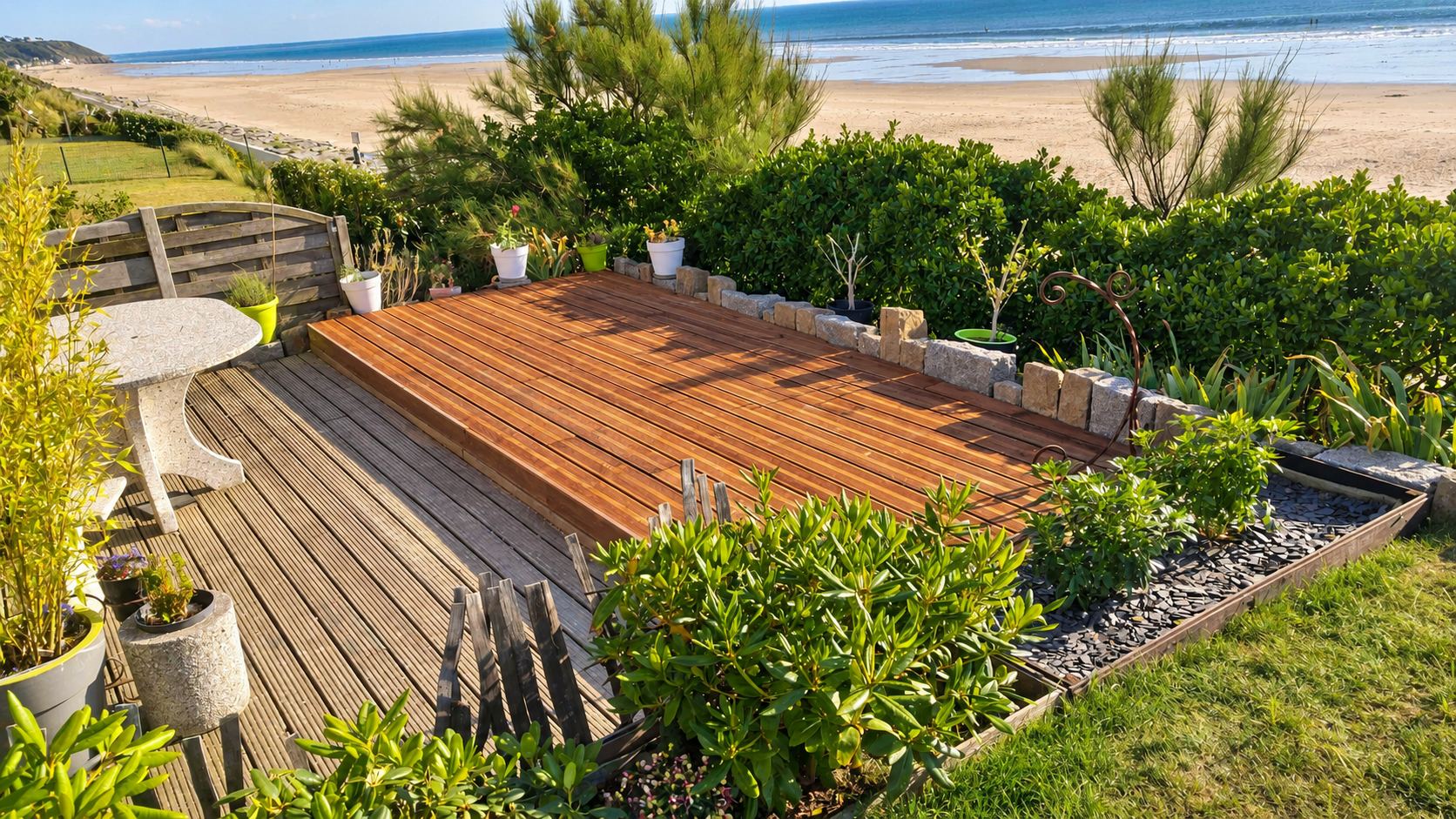 Une terrasse en bois à deux niveaux entourée de plantes et de pierres, dans un jardin qui donne sur une grande plage de sable.